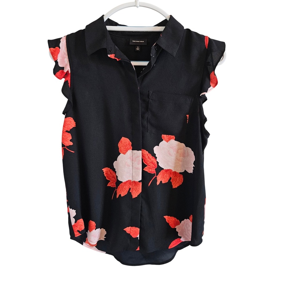 Who What Wear Floral Ruffle Sleeve Button Down Blouse Black Pink Orange Small